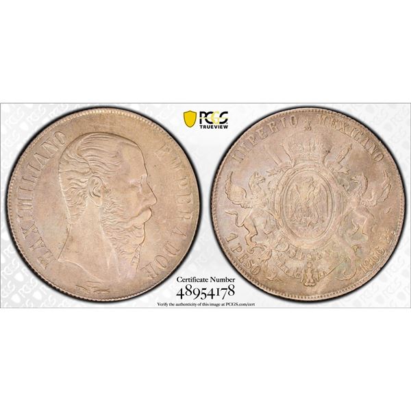 MEXICO: Maximiliano, 1864-1867, AR peso, 1866-Pi, PCGS AU details