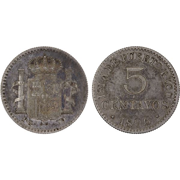 PUERTO RICO: Alfonso XIII, 1886-1931, AR 5 centavos, 1896, XF