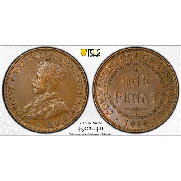 AUSTRALIA: George V, 1910-1936, AE penny, 1916-I, PCGS AU58