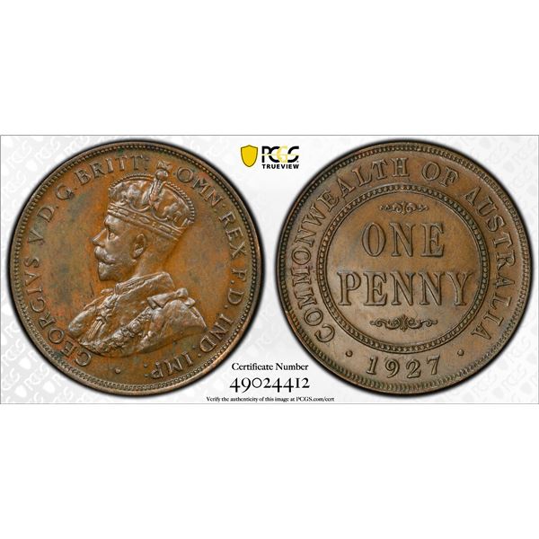 AUSTRALIA: George V, 1910-1936, AE penny, 1927, PCGS AU58