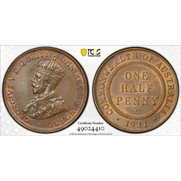 AUSTRALIA: George V, 1910-1936, AE halfpenny, 1931, PCGS UNC details