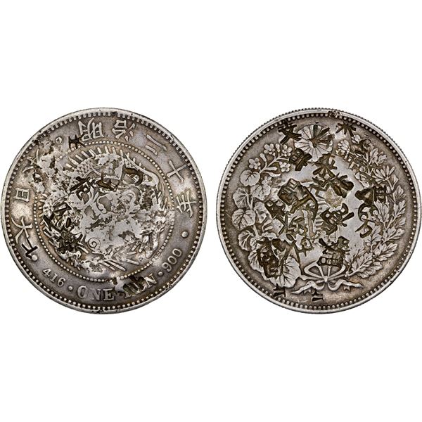 CHINA: CHOPMARKED COINS: JAPAN: Meiji, 1868-1912, AR yen, year 20 (1887), Choice VF