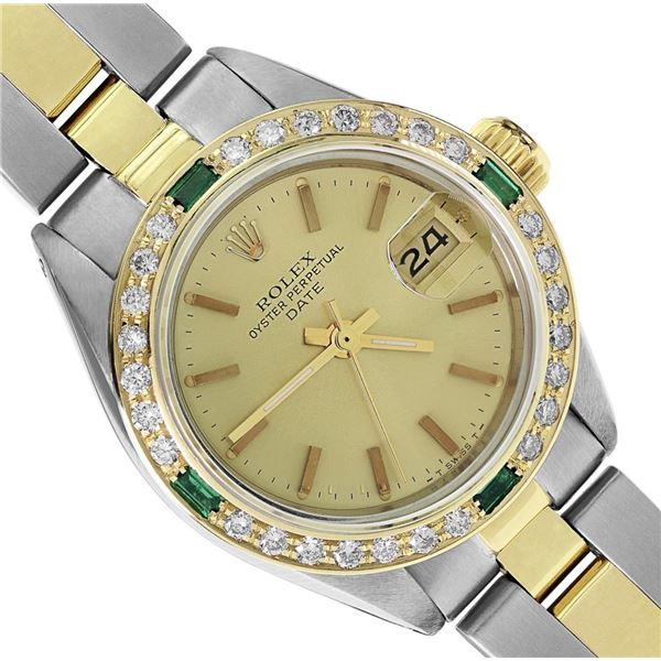 Rolex Ladies 2Tone 18K Yellow Gold Diamond And Emerald Bezel Date Watch With Rol