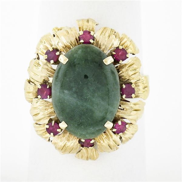 Vintage 14k Gold Oval Cabochon Jade Solitaire w/ Ruby Textured Flower Halo Ring