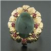Image 2 : Vintage 14k Gold Oval Cabochon Jade Solitaire w/ Ruby Textured Flower Halo Ring