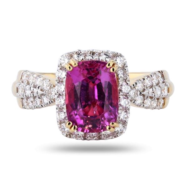 2.71 ctw Purplish-Pink Sapphire and 0.66 ctw Diamond 18K Yellow Gold Ring (GIA C