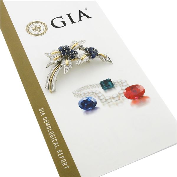 Vintage 18k Gold & Platinum 6 ctw GIA Sapphire & Diamond Flower Branch Pin Brooc