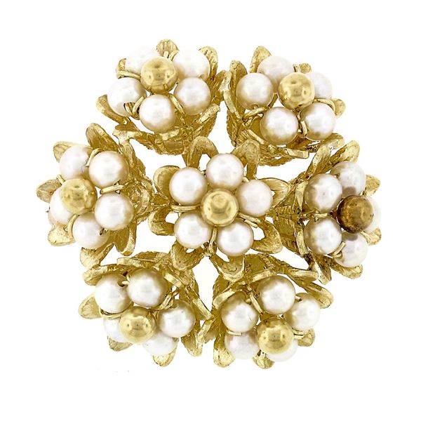 Vintage 18k Yellow Gold White Pearl Cluster Flower Bouquet Circle Pin Brooch