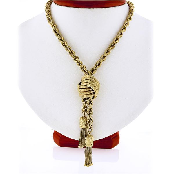 14K Yellow Gold Long Rope Chain Textured Knot Slide Dual Tassel Lariat Necklace