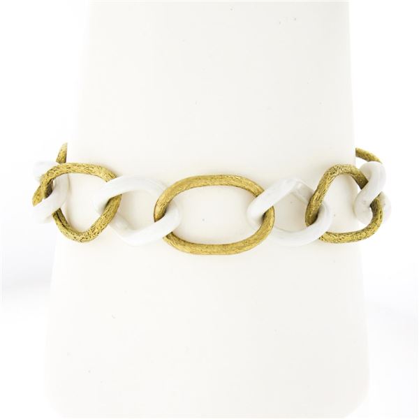 Italian Giovanni Marchiso White Ceramic & 18k Gold Textured Link Chain Bracelet