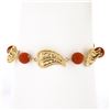 Image 1 : Vintage 14k Yellow Gold Beaded Open Work Leaf Link 6.5 Bracelet w/ Coral Beads