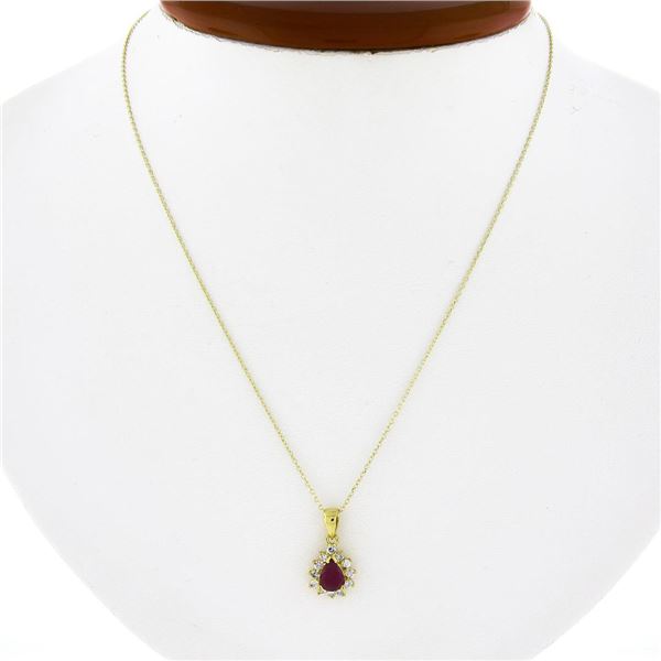 NEW 14k Gold 0.73 ctw Pear Ruby & Diamond Halo Petite Teardrop Pendant w/ Chain