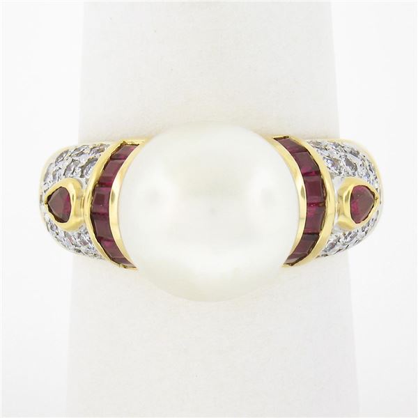 Fancy 18K Yellow Gold 11mm White Pearl Solitaire w/ Ruby & Diamond Accents Ring