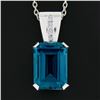 Image 3 : 14K White Gold 9.10 ctw Emerald Cut London Blue Topaz w/ Diamond Pendant & Chain