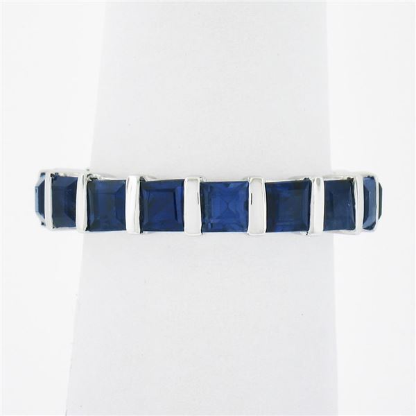 Platinum 4.45 ctw Square Step Cut Sapphire Bar Channel Eternity Stack Band Ring