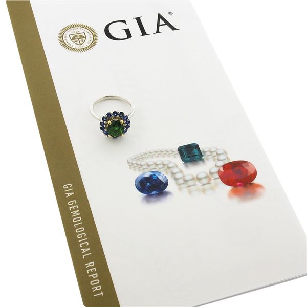 18k TT Gold 2.83 ctw GIA Oval Green Tsavorite & Round Sapphire Halo Cocktail Rin