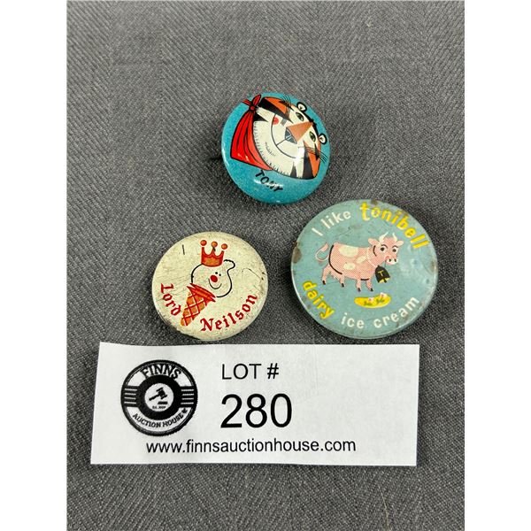 3 Vintage Kids Badges - 2 Ice Cream & 1 Tony The Tiger