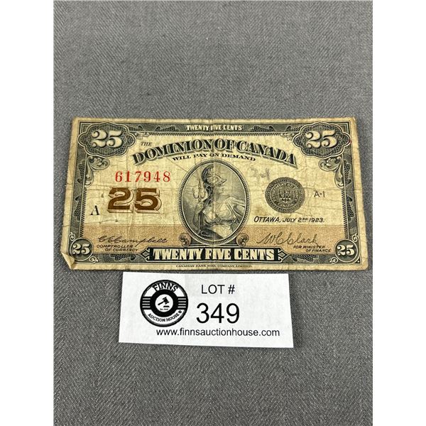 1923 Dominion of Canada 25 Cent Note. Shinplaster.
