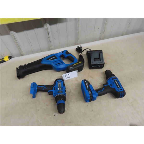 Mastercraft 20V Tool Set : Reciprocating Saw, 2 Drills, Driver, 2 Batteries,