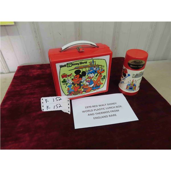 1970 Red Walt Disney World Plastic Lunch Box and Thermos from England