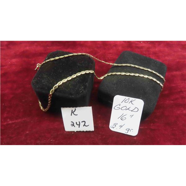 10kt Gold 16'' Chain Total Weight 3.4 Grams