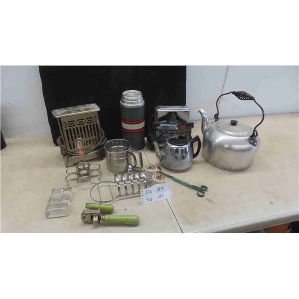 Vintage Kitchenware : 2 Toasters, Sifter, Kettle, Can Opener & More 