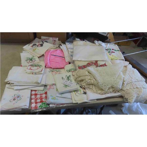 Linens, Embroidered Tea Towels, Table Cloths, Dresser Scarfs, Doilys &
