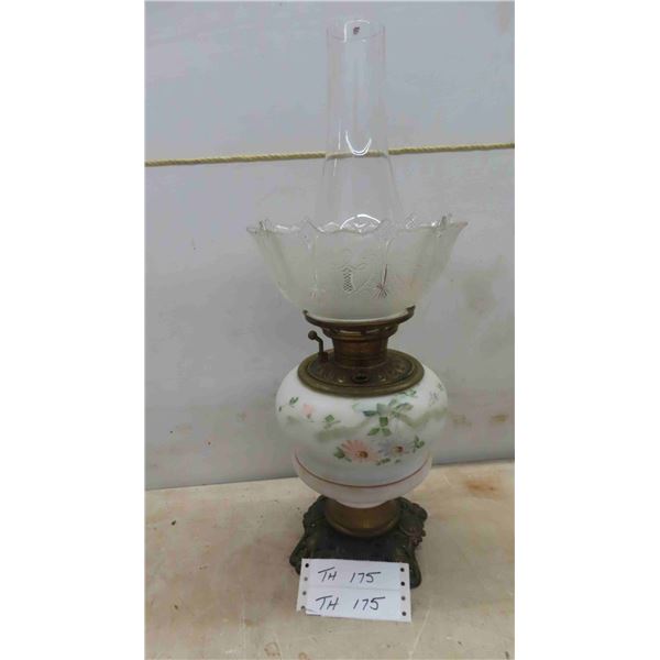 Hand Painted Milk Glass Oil Lamp 20 1/2'' T Missing Cap and Burner 