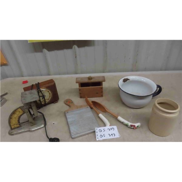 Postal Scale, Enamel Chamber Pot, Butter Press, 