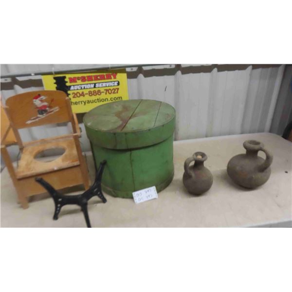 Early Painted Cheese Box, Folding Potty Chair, Cast