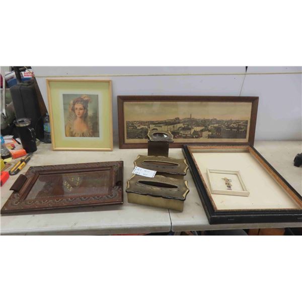 2 Framed Pictures, Shadow Box, 3 Tissue Cover Boxes, 