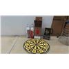 Image 1 : Dart Board, New Guinness Mug, 2 Metal Budweiser/Winnipeg Jets Beer Tin,