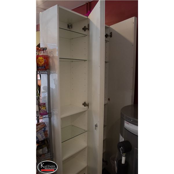 TWO FREE STANDING CABINETS W/ SHELVING & WALL