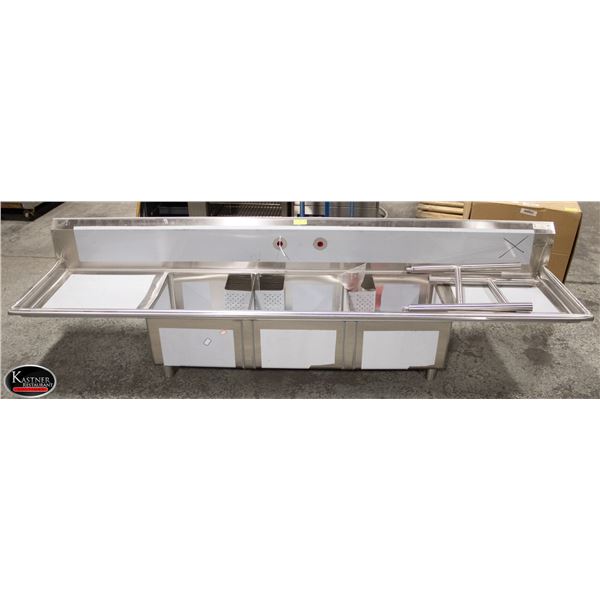 TRIPLE WELL SINK W/ LEFT & RIGHT DRAIN BOARDS
