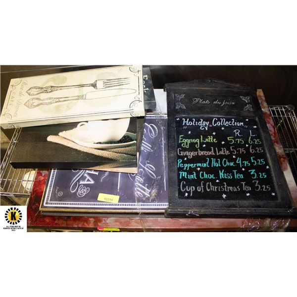 LOT OF ASSORTED SIZE PAINTINGS AND CAFE MENU