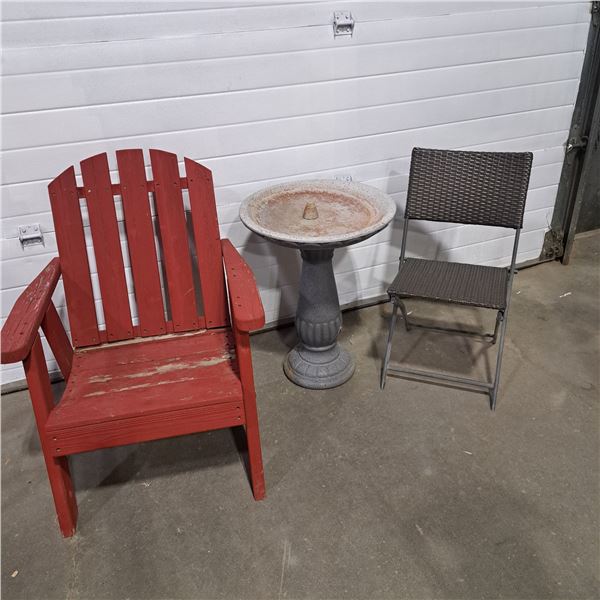 Adirondack Like Chair, Bird Bath & Plastic Wicker Like Folding Chair