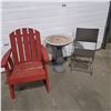 Image 1 : Adirondack Like Chair, Bird Bath & Plastic Wicker Like Folding Chair