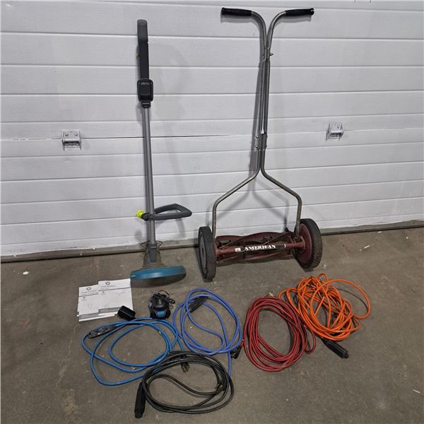 Yardworks Grass Trimmer with Charger, Extension Cords & American Manual Lawnmower