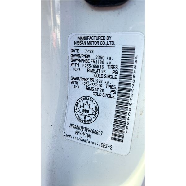 2000 NISSAN PATHFINDER LE WHITE VIN JN8AR07Y3YW404607 - Able Auctions