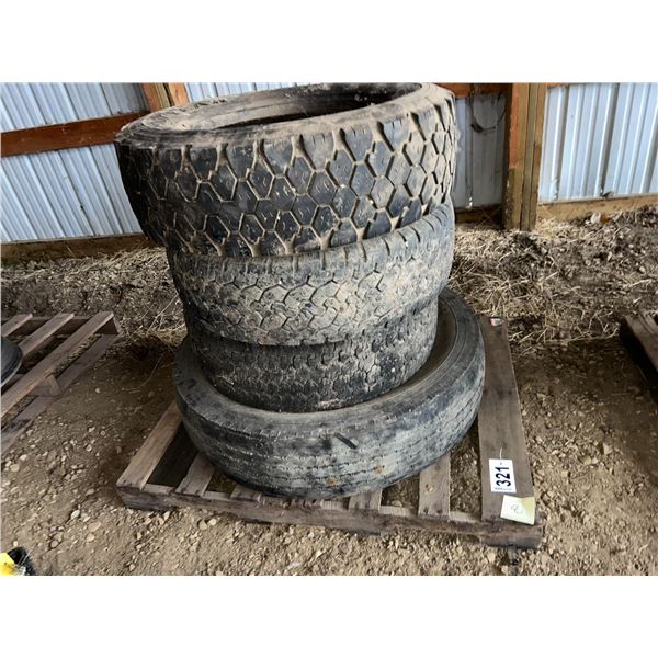 1- 11Rx22.5 Tires, 1- 245/70R19.5 Tire, 2- LT265/75R16 Tires