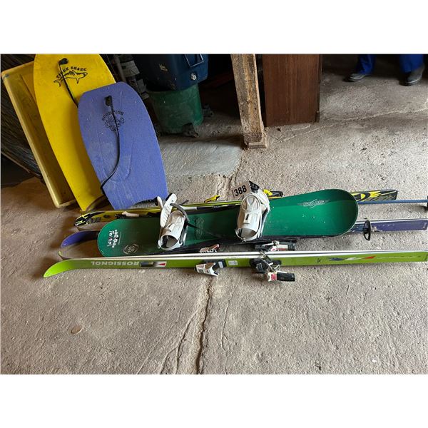 2- Boogie Boards, Calf Sled, Snow Board & Skis