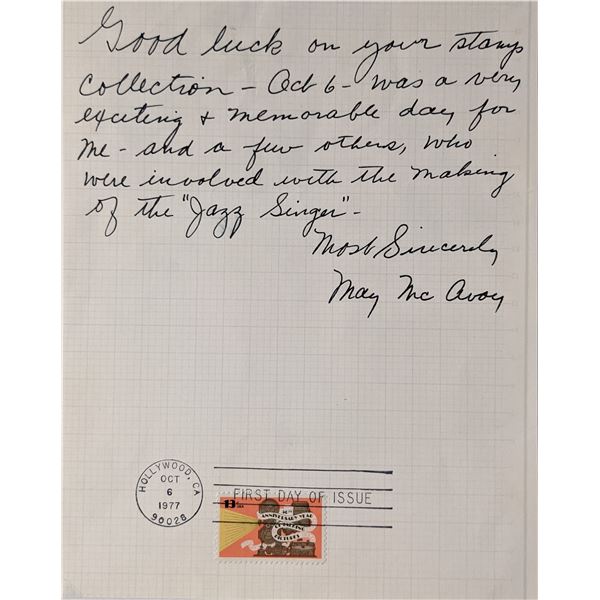 May McAvoy Signed Hand Written Note on First Day Cover