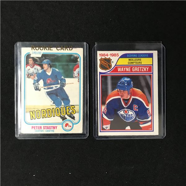 1984-85 O PEE CHEE WAYNE GRETZKY SCORING LEADER AND PETER STASTNY EOOKIE CARD