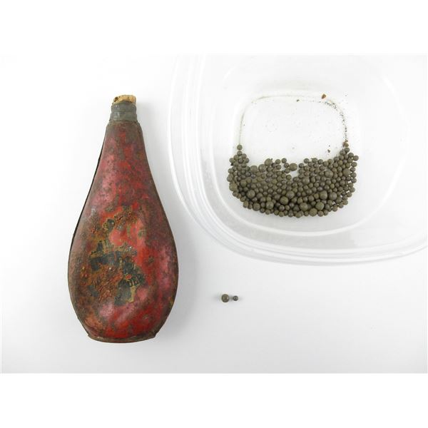 POWDER FLASK AND LEAD SHOT LOT