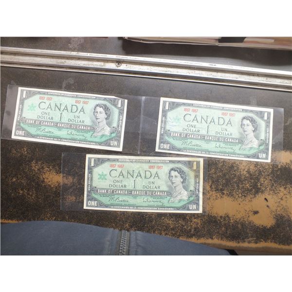 3 1867-1967 Centennial Canadian 1 Dollar Bills