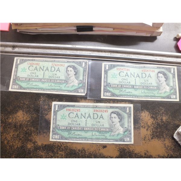3 1967 Canadian 1 Dollar Bills