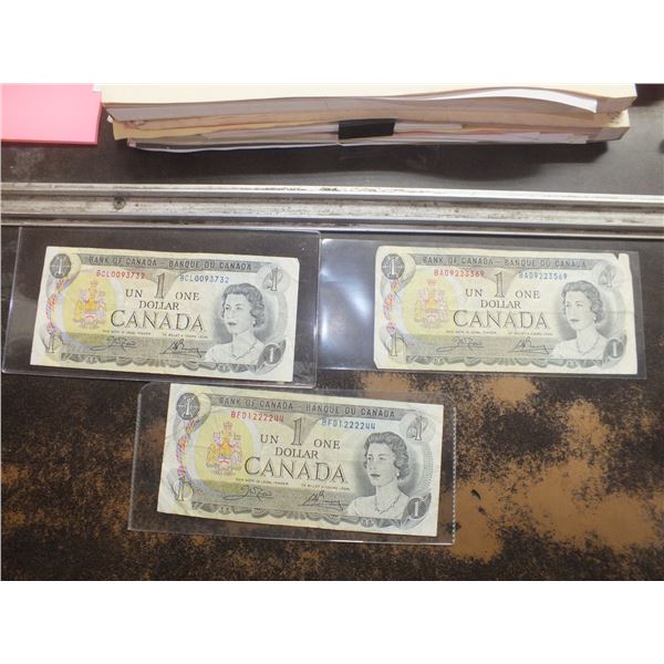 3 1973 Canadian 1 Dollar Bills