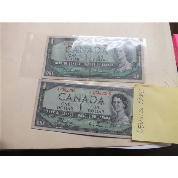 2 1954 Canadian 1 Dollar Bills