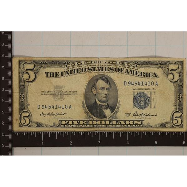 1953-A US $5 SILVER CERT, BLUE SEAL.