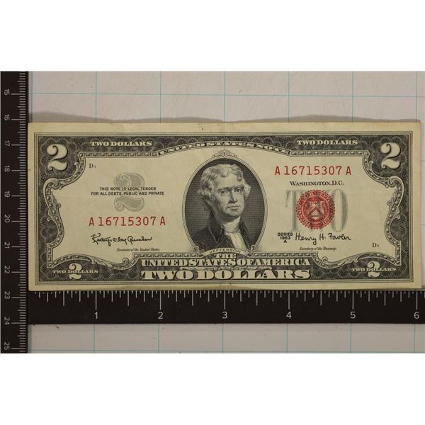 1963-A US $2 RED SEAL BILL. CRISP